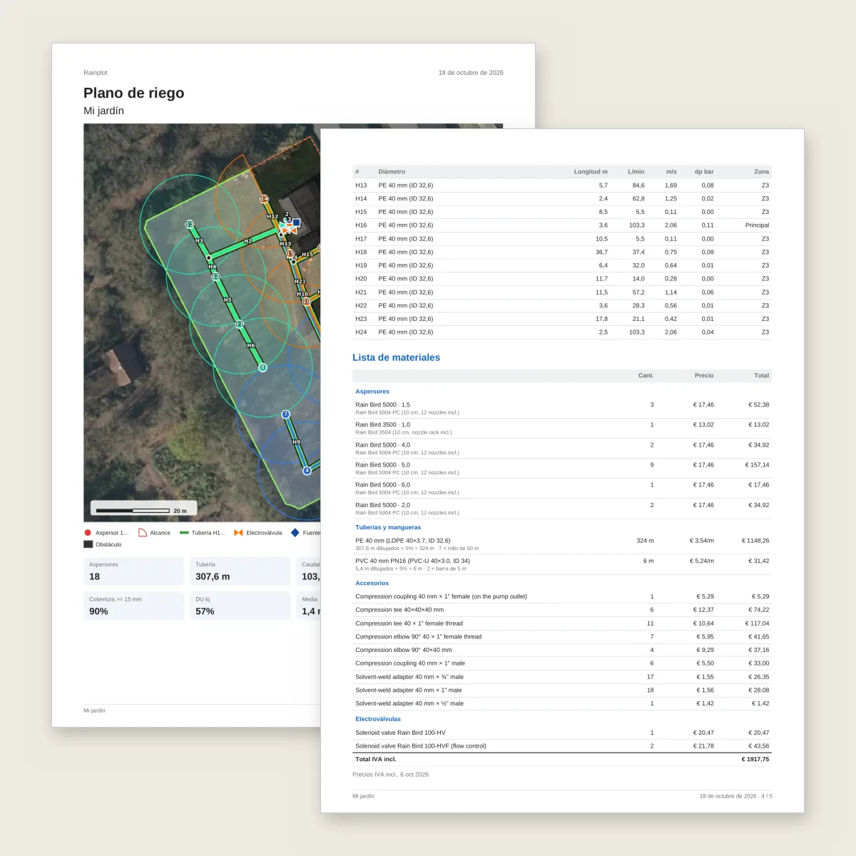 Dos páginas del plano en PDF: la vista general y la lista de materiales